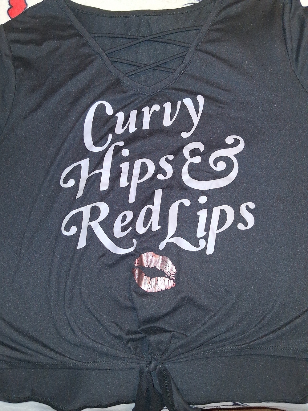 Women's Black Graphic Tie-Hem Top - Curvy Hips & Red Lips